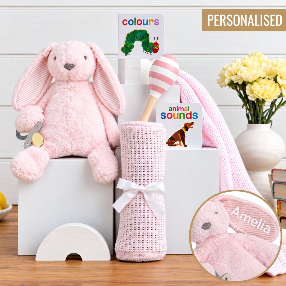 Personalised Baby Girl Hamper - Bunny & Books Baby Girl Gift Basket - Personalised Baby Girl Gift