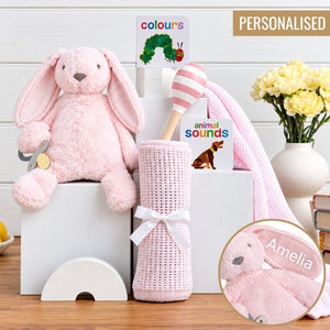 Personalised Baby Girl Hamper - Bunny & Books Baby Girl Gift Basket - Personalised Baby Girl Gift