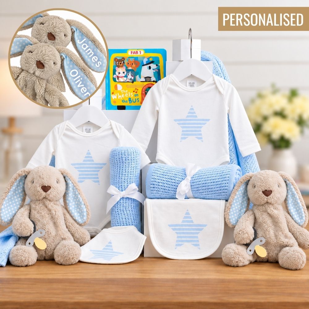 Personalised Dynamic Duo Twin Baby Boy Hamper - Twin Boy Baby Gift