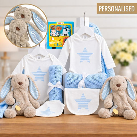 Personalised Dynamic Duo Twin Baby Boy Hamper - Twin Boy Baby Gift